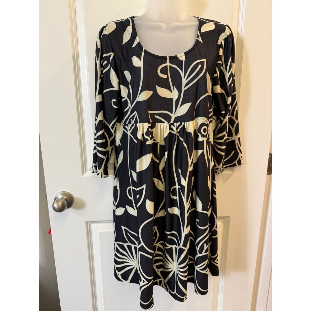 R&B Collection Womens XL Floral Empire Waist Dress Black Cream 3/4 Sleeve Scoop